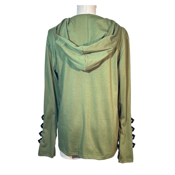 Mens Lace Up Hooded Shirt Green Faux Black Leather Size L Cosplay Medieval - Picture 4 of 7
